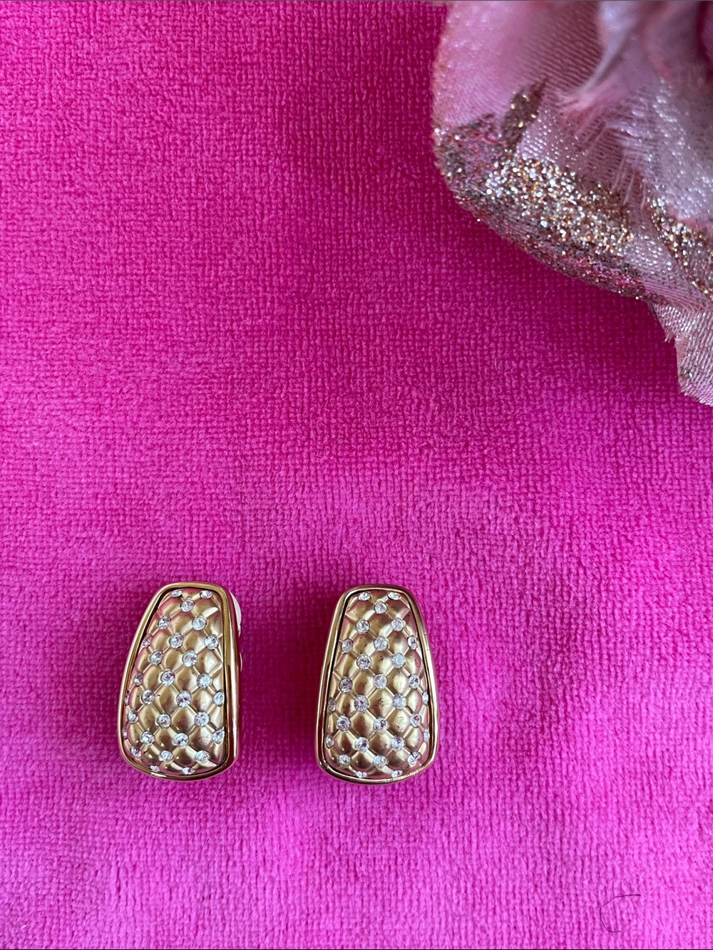 Vtg. Swarovski Crystals Gold Quilted Clip-On Earrings